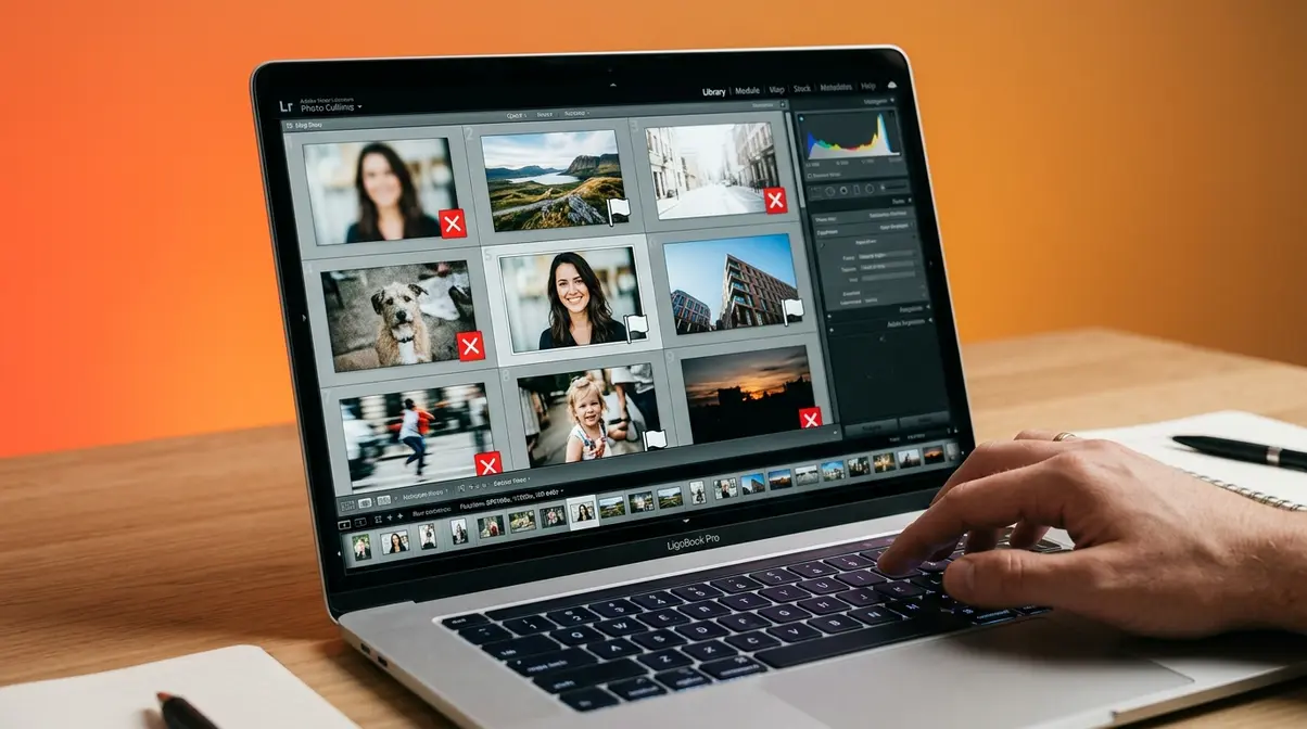 Lightroom photo culling session showing flagged keeper and rejected images in a photo grid