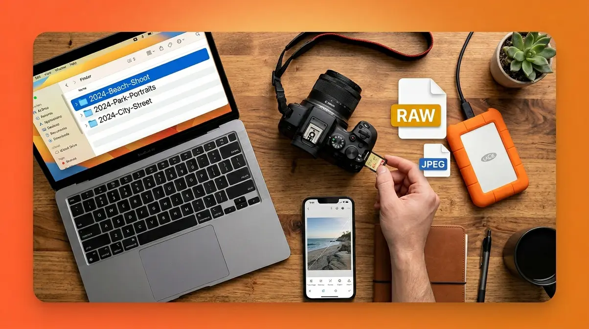 Beginner photo editing setup showing camera, laptop with file folders, and external hard drive backup