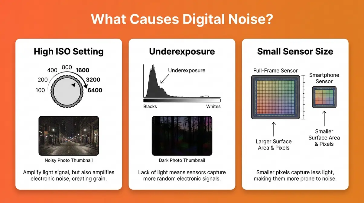 Infographic showing three causes of digital noise: high ISO, underexposure, and small sensor size