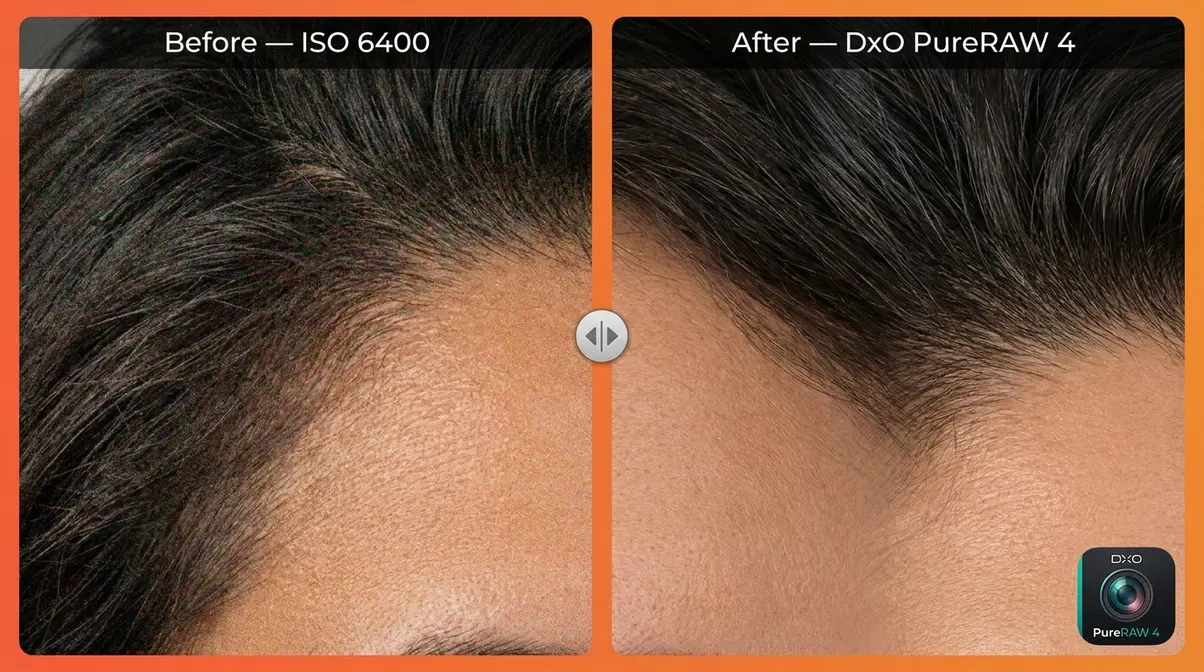 DxO PureRAW 4 before and after photo noise reduction at ISO 6400 showing portrait hair and skin detail recovery