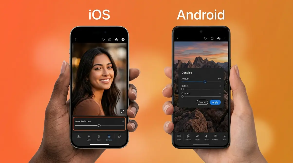 iPhone and Android smartphones showing mobile photo noise reduction apps Darkroom and Lightroom Mobile