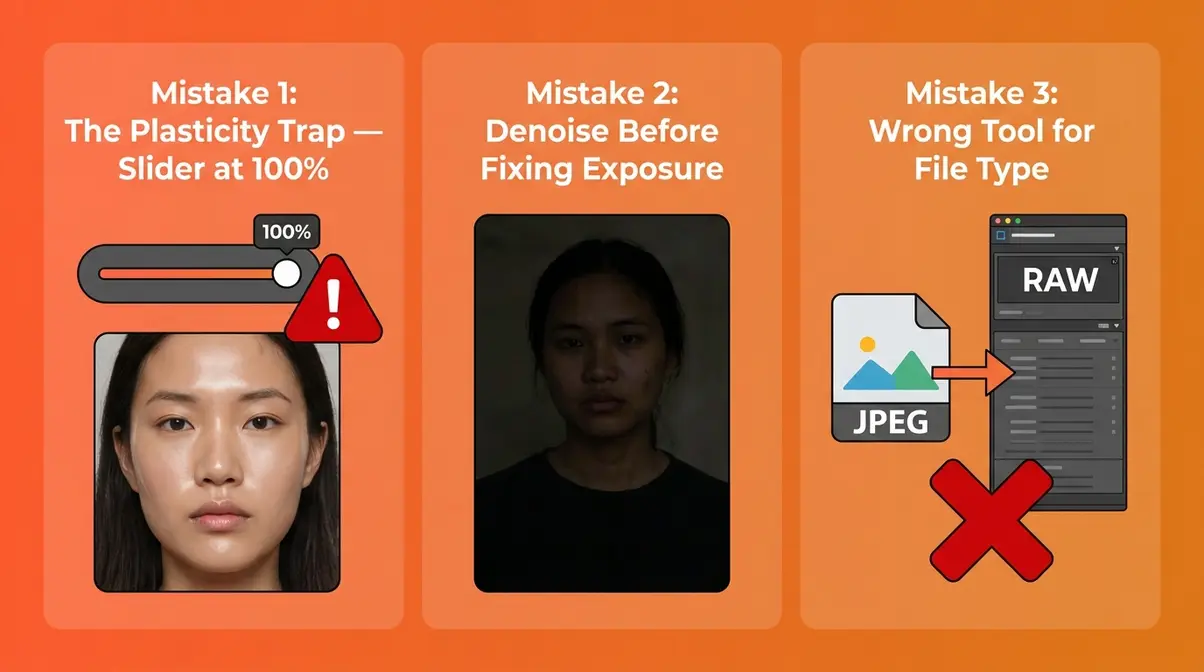 Three common photo noise reduction mistakes: slider at maximum, denoising before exposure fix, and wrong tool for file type