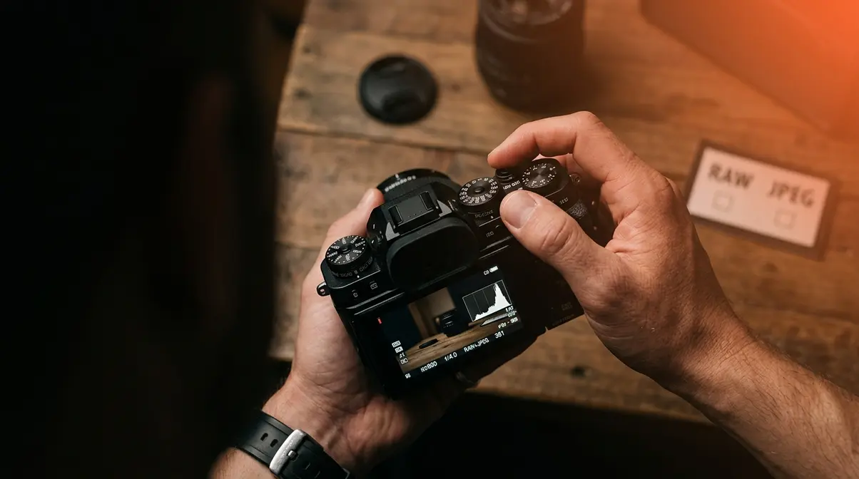 Photographer adjusting ISO settings on a mirrorless camera to prevent photo noise before shooting