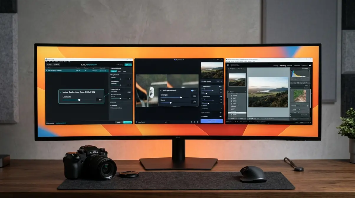 Three professional photo noise reduction software interfaces showing DxO PureRAW, Topaz Photo AI, and Adobe Lightroom
