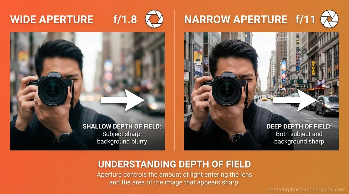Side-by-side comparison showing wide aperture f1.8 blurry background versus narrow aperture f11 sharp background for beginner photography checklist guide