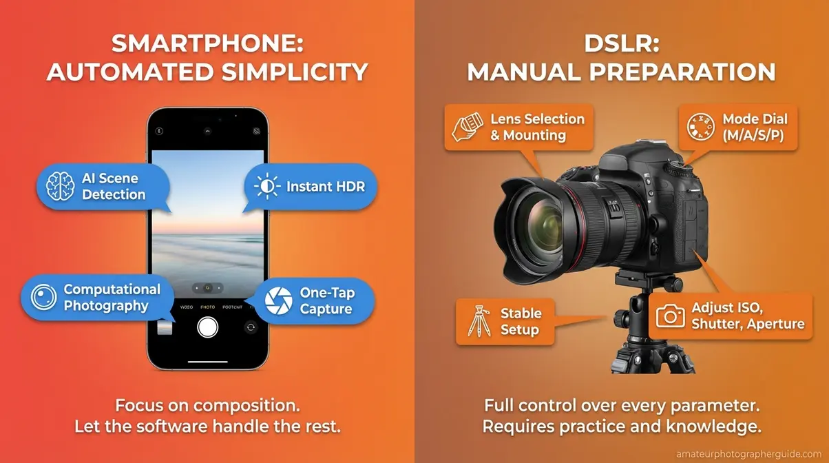 Side-by-side comparison of smartphone vs DSLR pre-shoot preparation steps for beginner photographers transitioning from mobile