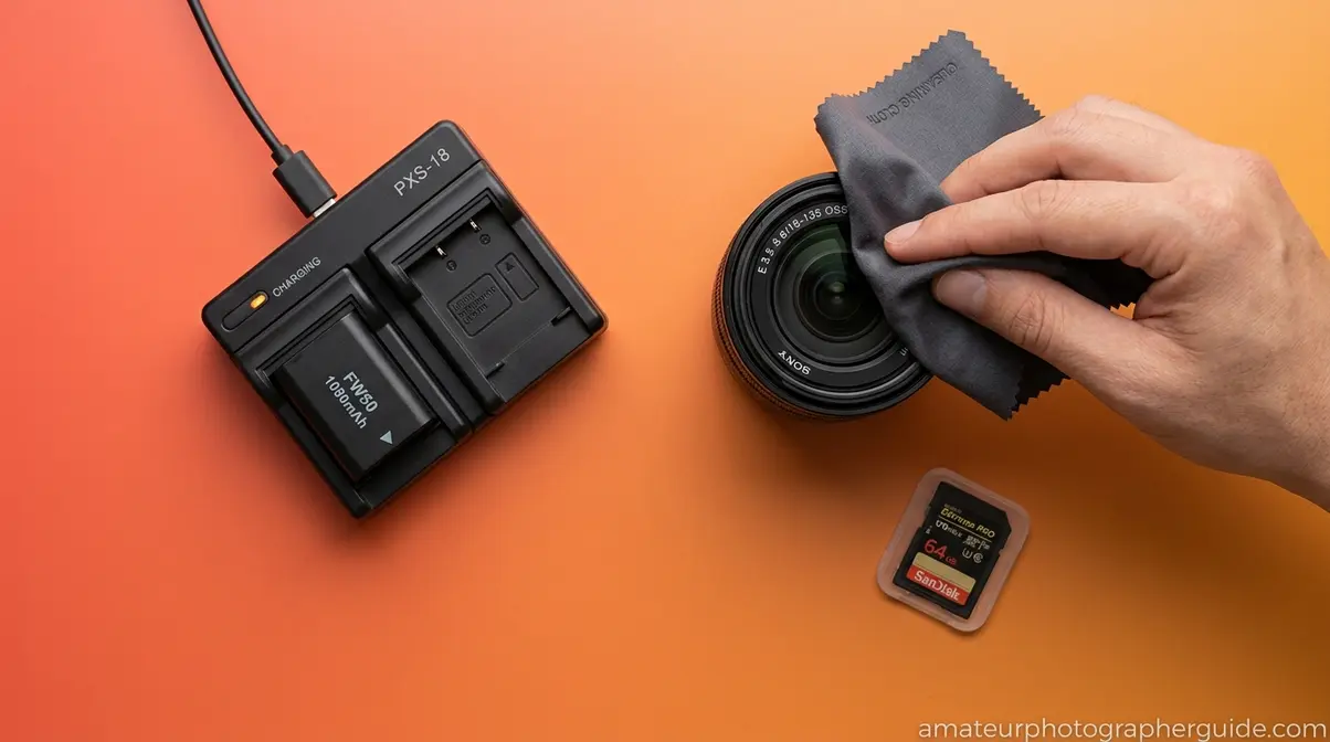 Pre-shoot routine showing camera battery charging and lens cleaning