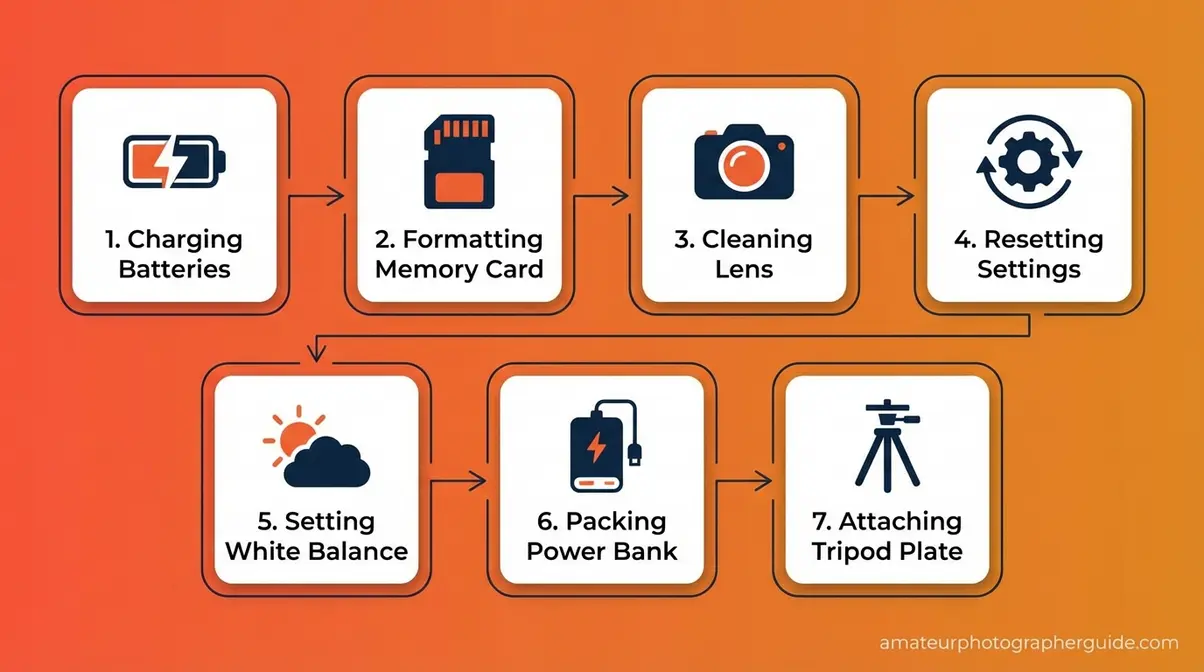 Photography basics checklist pre-shoot routine flowchart showing seven steps from charging batteries to resetting camera settings