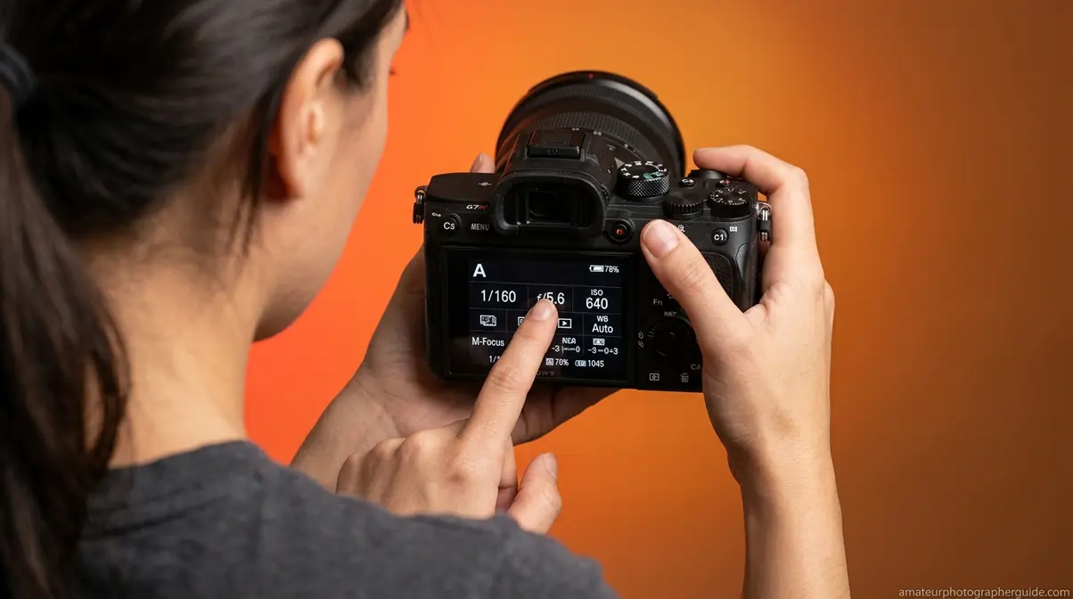 Photographer adjusting digital camera settings on the LCD screen