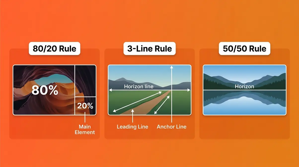 Advanced photography composition rules overview showing 80/20 rule, 3-line rule, and 50/50 rule diagrams side by side