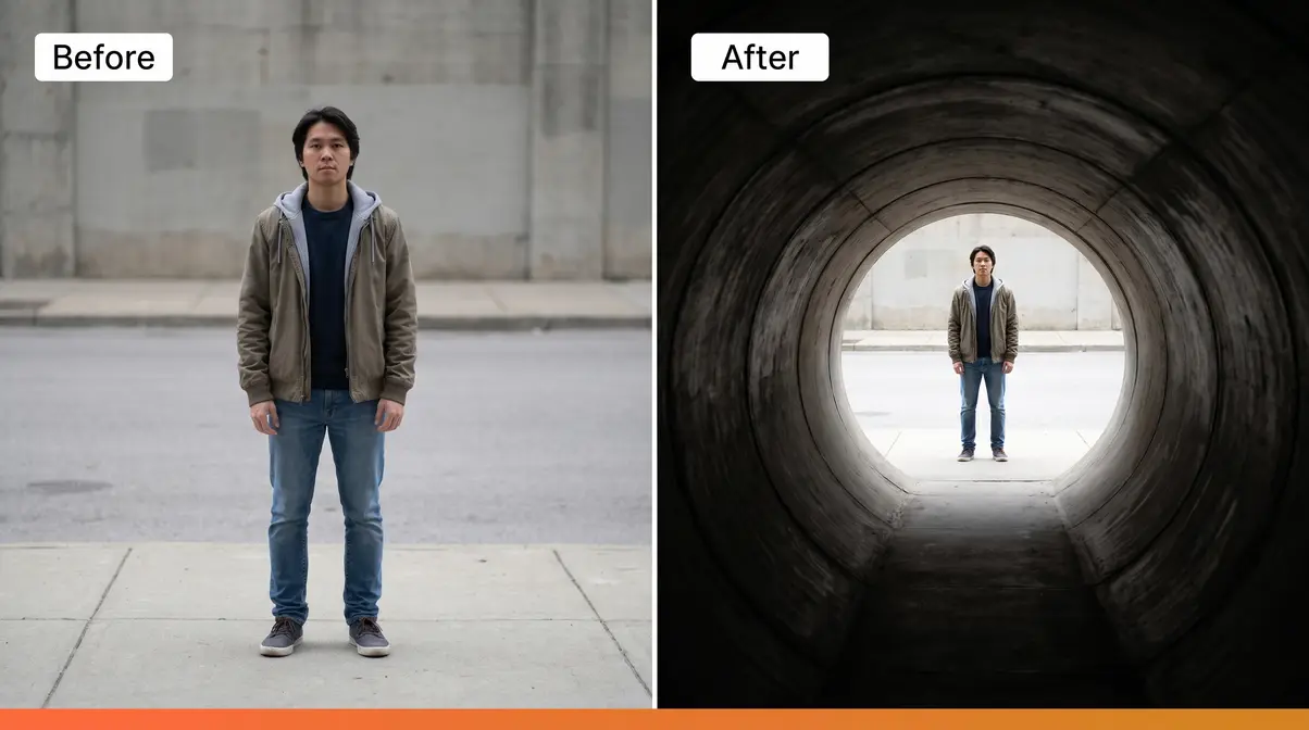 Architectural framing in photography showing tunnel frame before and after with converging lines directing viewer