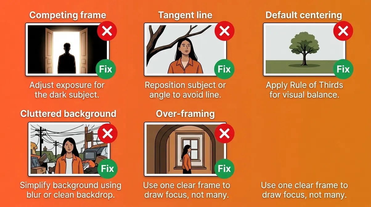 Common photography framing mistakes illustrated panel showing five errors including tangent lines competing frames and over-framing with fixes
