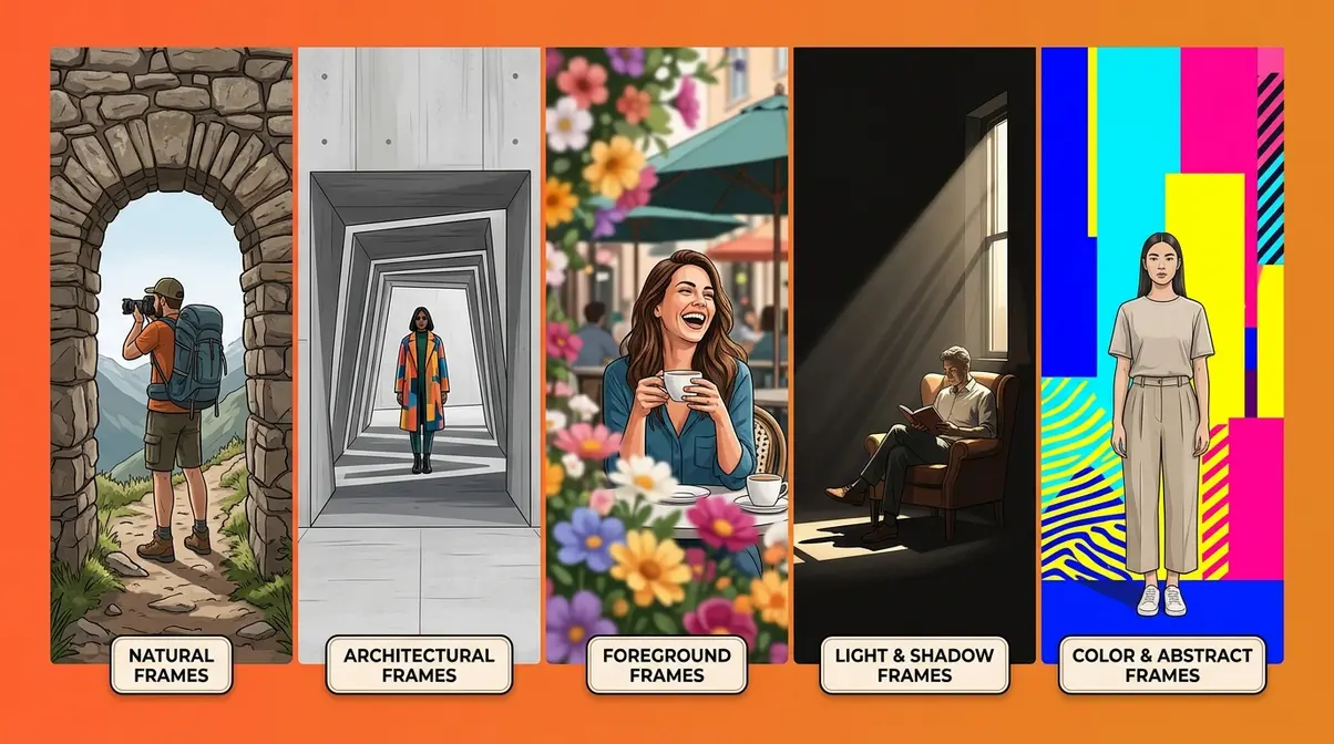 Five core photography frame types overview showing natural architectural foreground light shadow and color abstract framing techniques