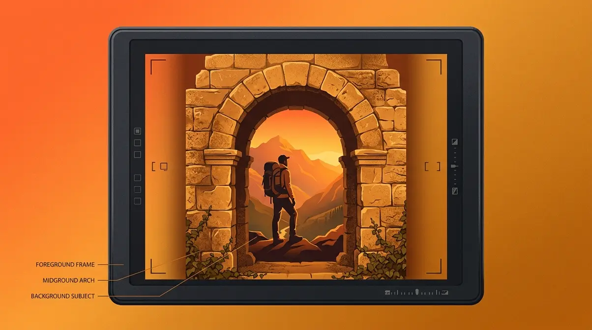 Photography framing concept showing frame within a frame technique with three depth planes through stone archway