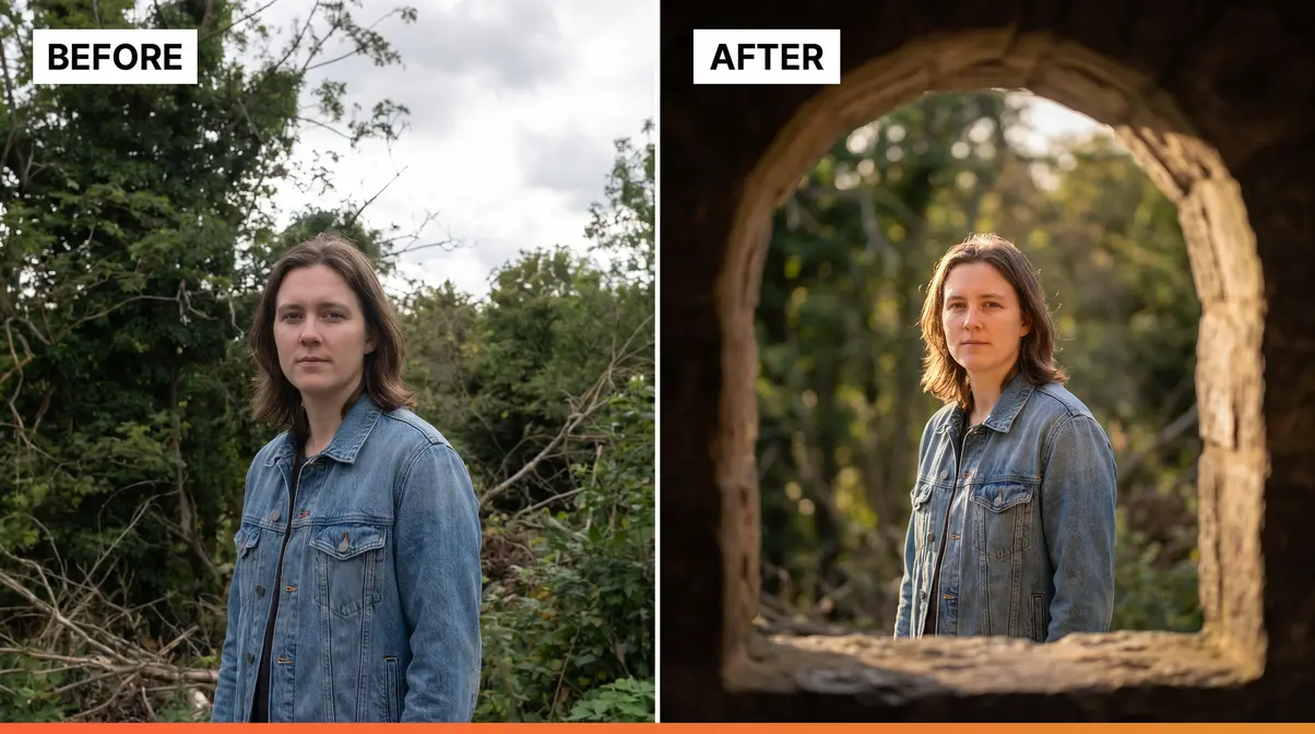 Photography framing tips before and after showing natural frame using stone archway to add depth to portrait