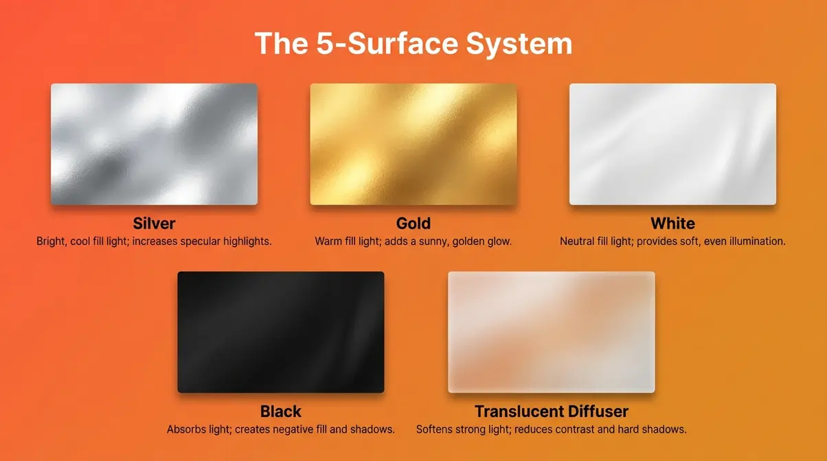 5-in-1 light reflector flat-lay infographic showing all five surfaces: silver, gold, white, black, and translucent diffuser labeled