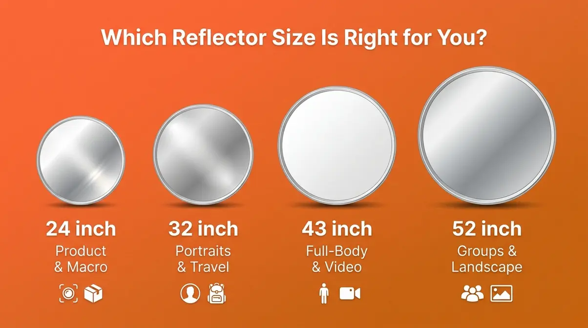 Photography light reflector size comparison infographic showing 24 to 52 inch options with ideal use cases for each size