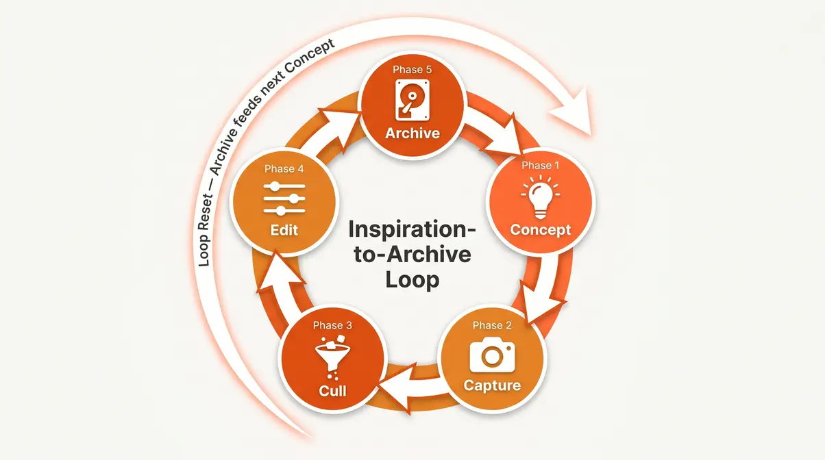 Photography inspiration workflow five phase loop diagram showing concept capture cull edit archive cycle