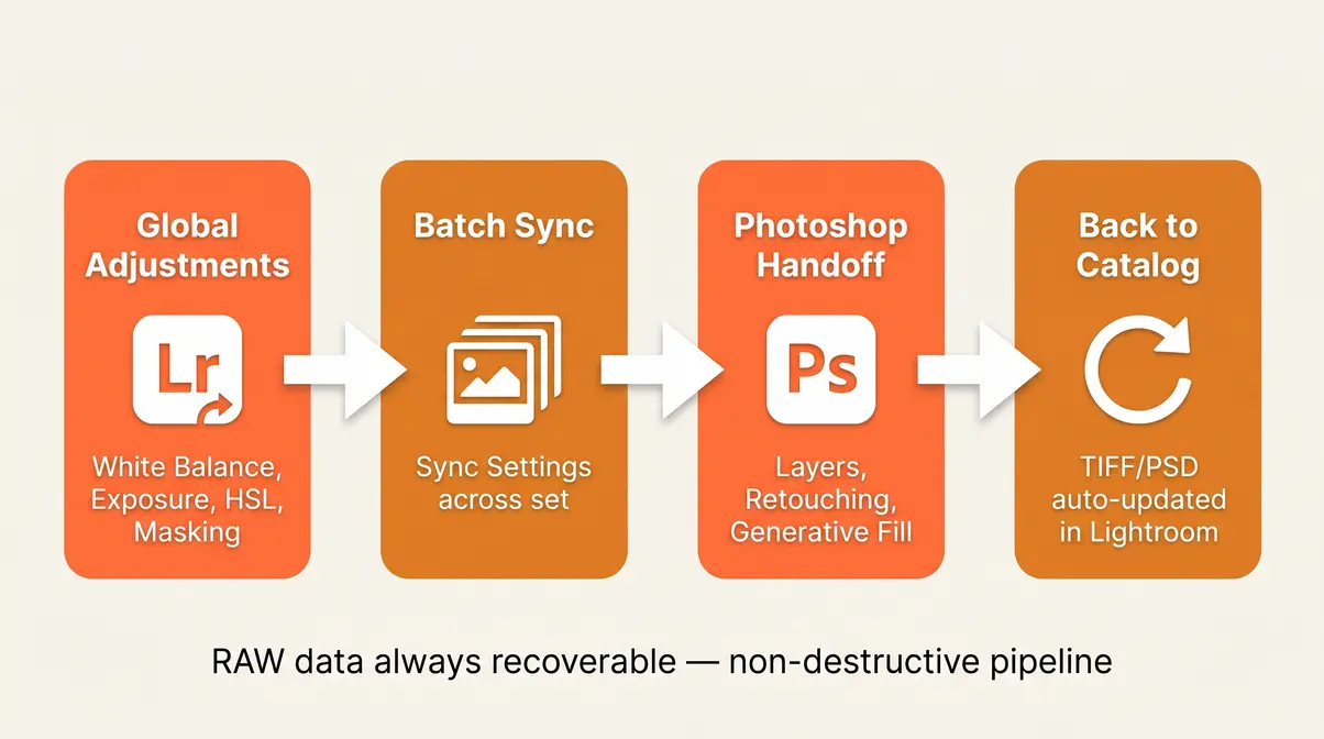 Photography workflow Lightroom Photoshop editing pipeline showing global adjustments batch sync and handoff stages