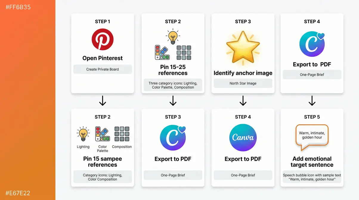 Photography inspiration workflow mood board creation process showing five steps from Pinterest to PDF brief