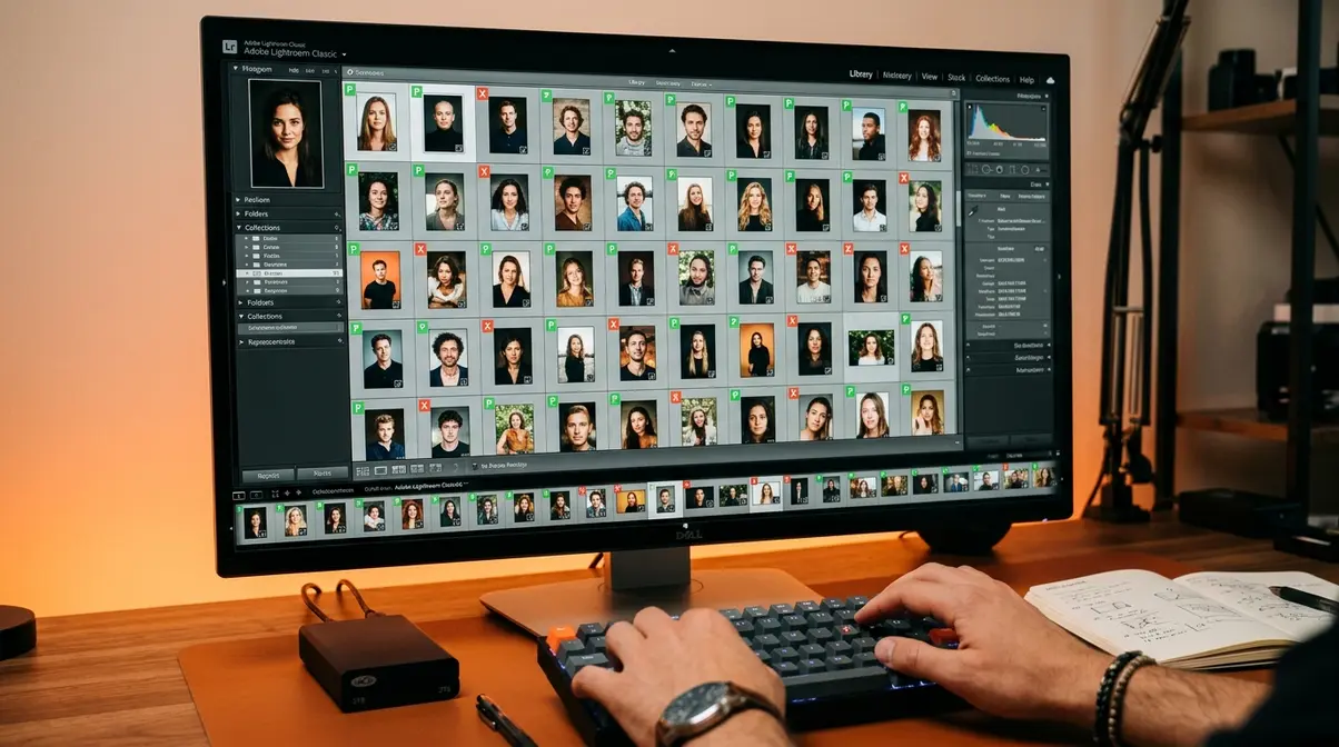 Lightroom Classic culling workflow showing flagged picks and rejected images in grid view