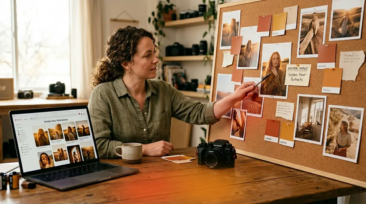 Photographer reviewing a mood board with color swatches and reference images before a photography shoot