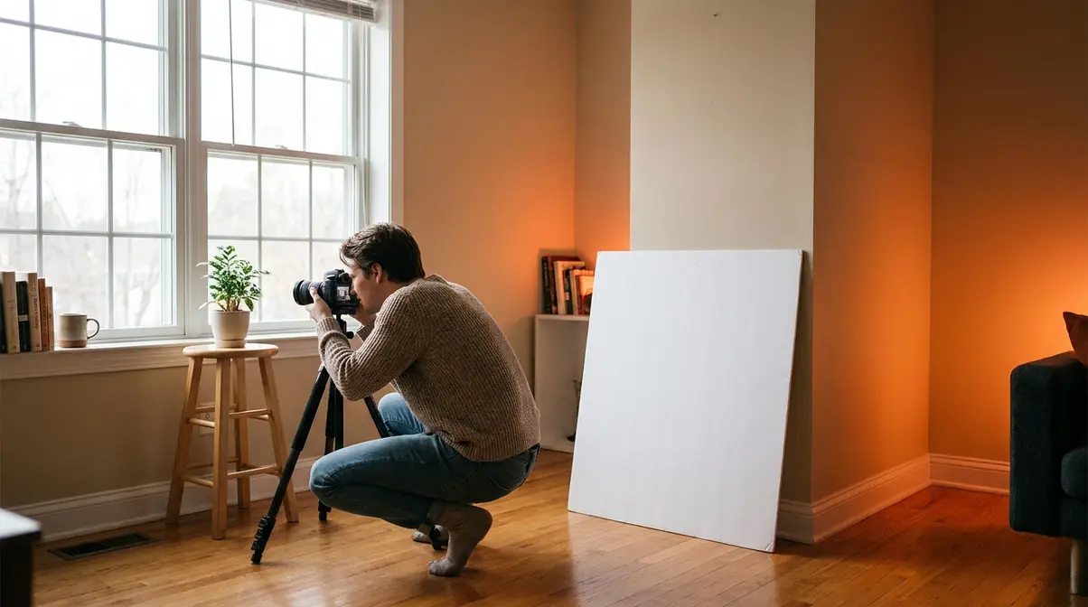 Beginner photographer setting up photography lighting at home near a window with foam board reflector