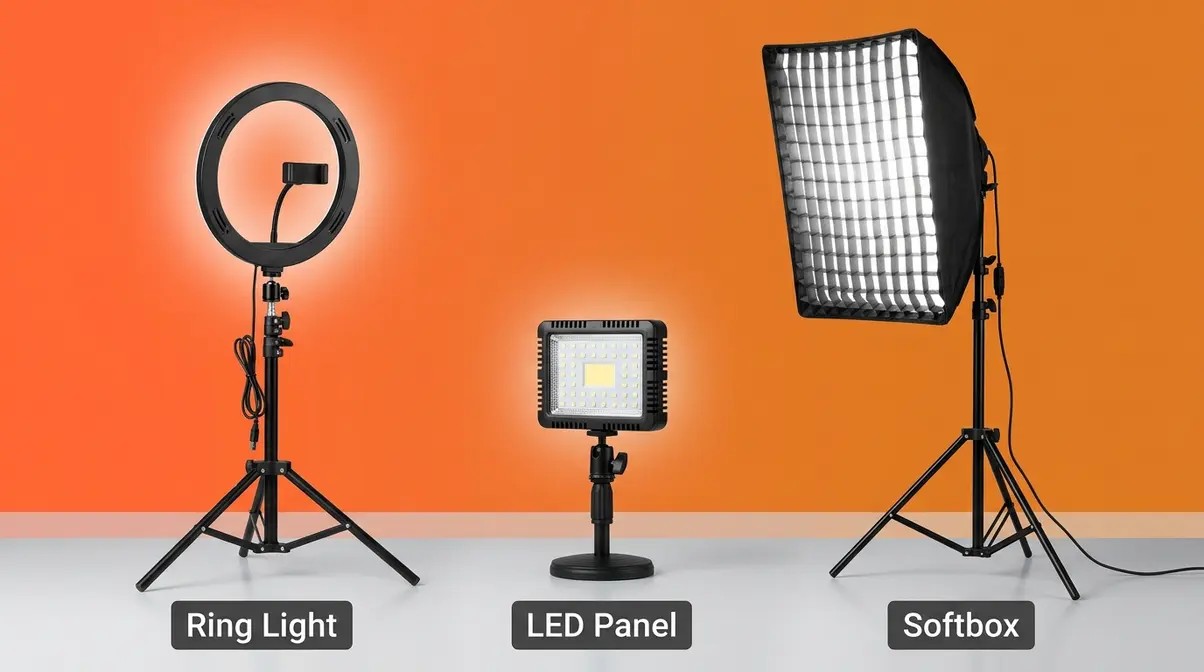 Three types of home photography lighting equipment: ring light LED panel and softbox arranged for comparison