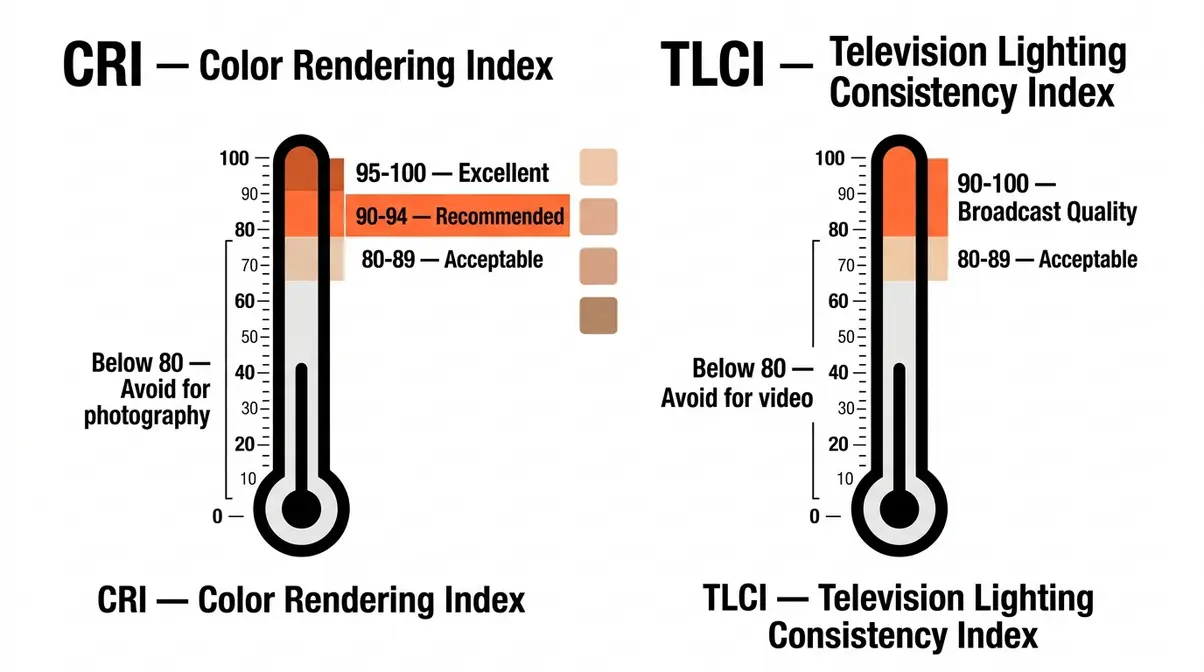 CRI and TLCI rating scales for photography lighting showing recommended values for home photography