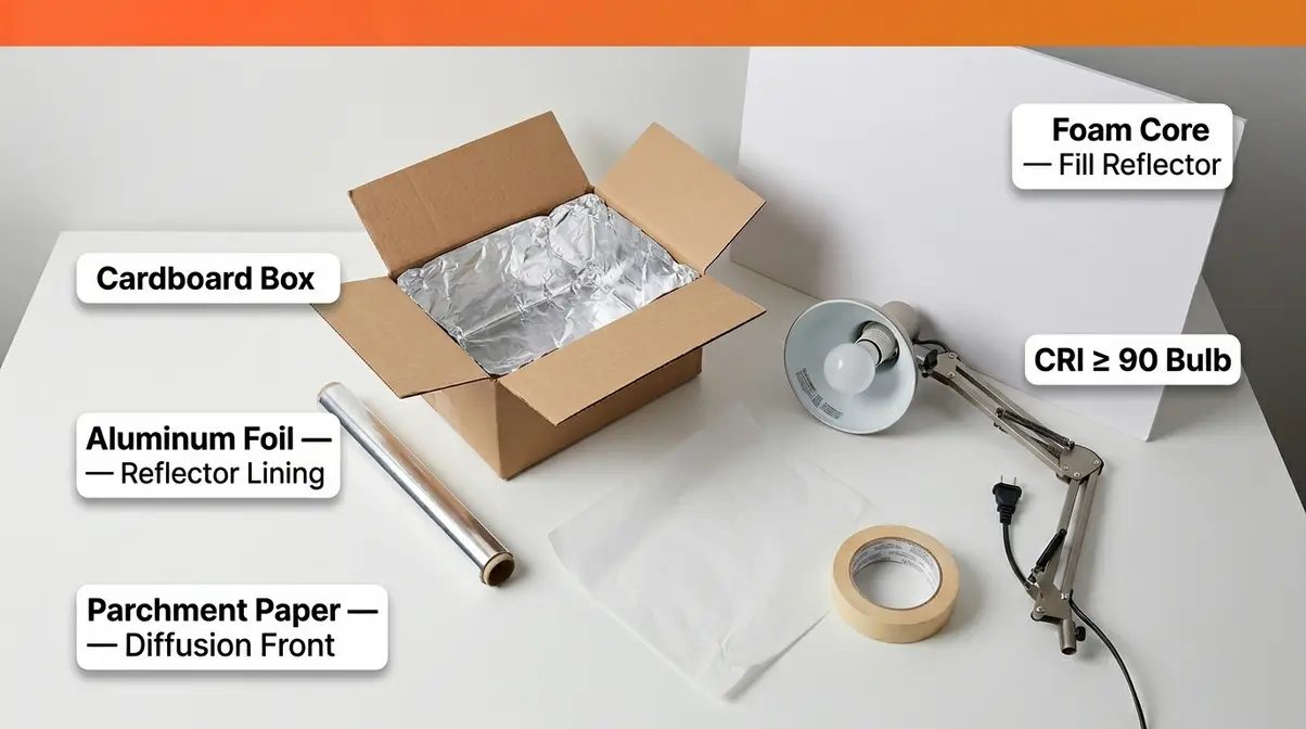 DIY photography lighting materials including cardboard box foil parchment paper and foam core board