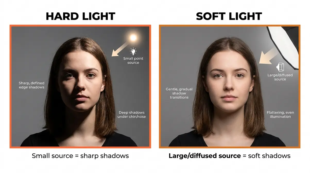 Side by side comparison of hard light versus soft light in portrait photography at home