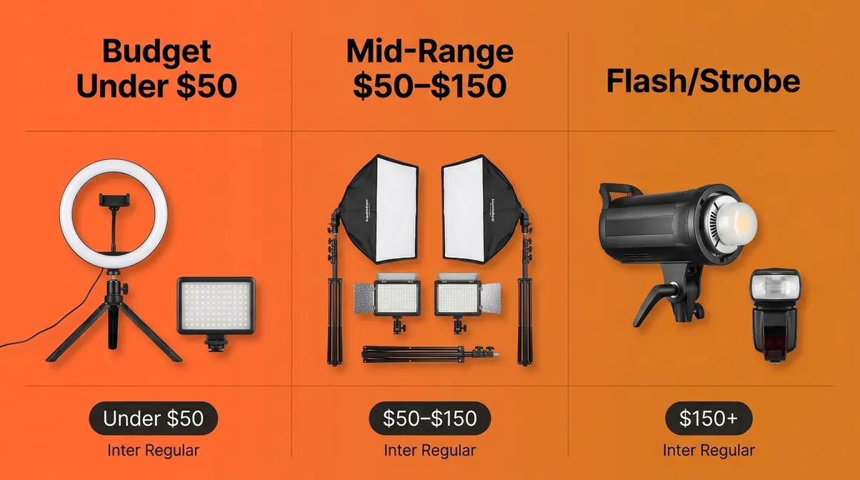 Photography lighting equipment tiers showing ring light LED panel kit and studio strobe options