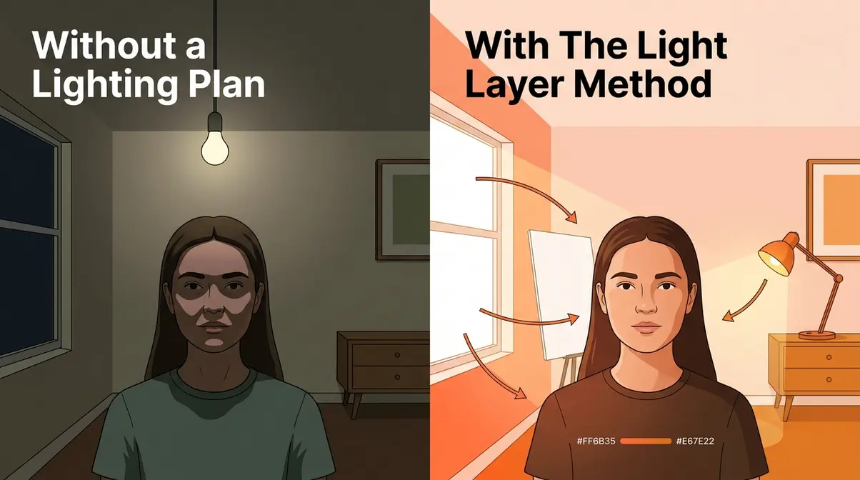 Home photography lighting comparison showing unlit room versus three-point window light setup results