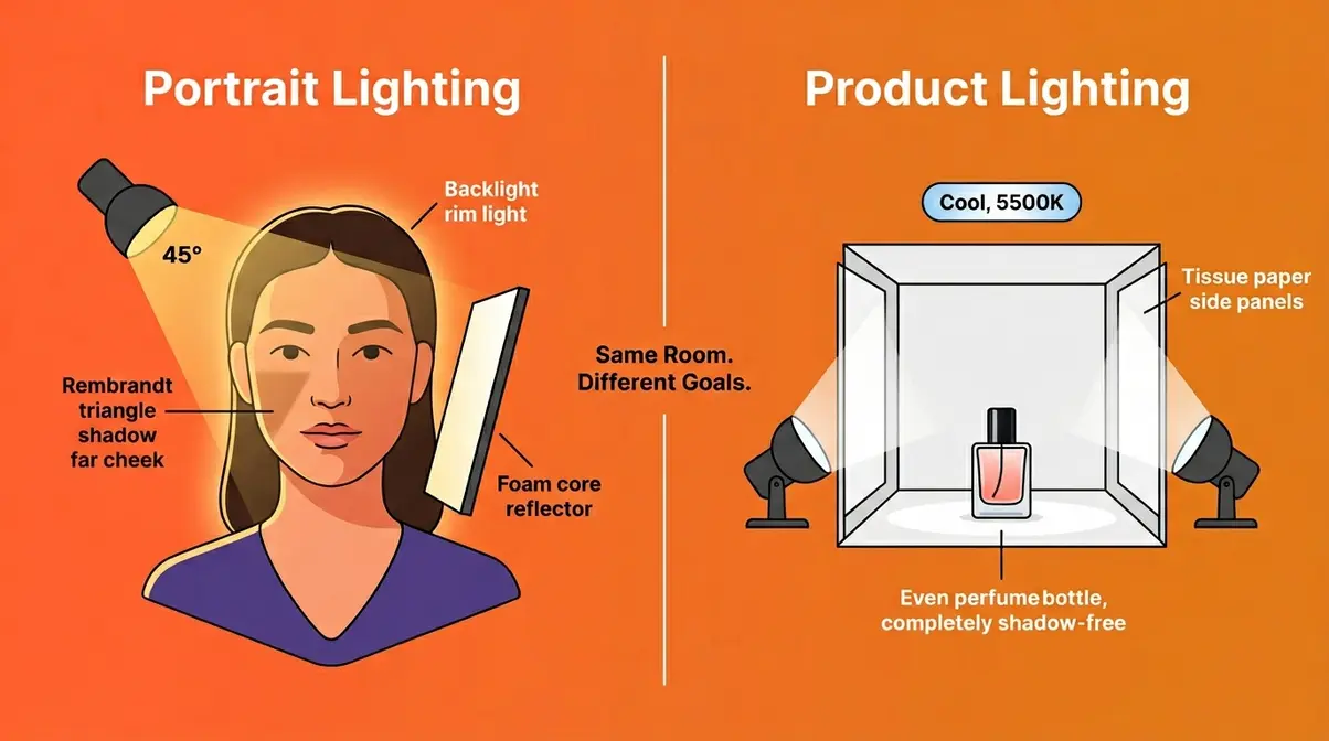 Portrait versus product photography lighting comparison showing different home setup approaches