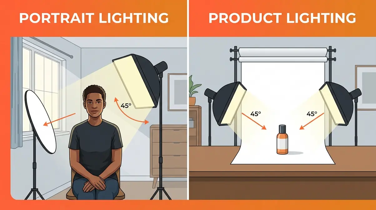 Portrait lighting versus product lighting comparison showing different home photography setup approaches