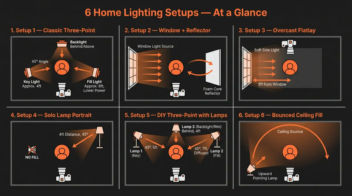Six photography lighting setups for home studio use with diagram positions and measurements