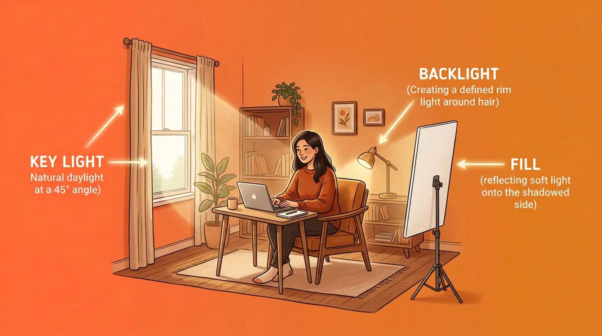 Three-point lighting setup at home showing key light fill and backlight positions around a seated subject