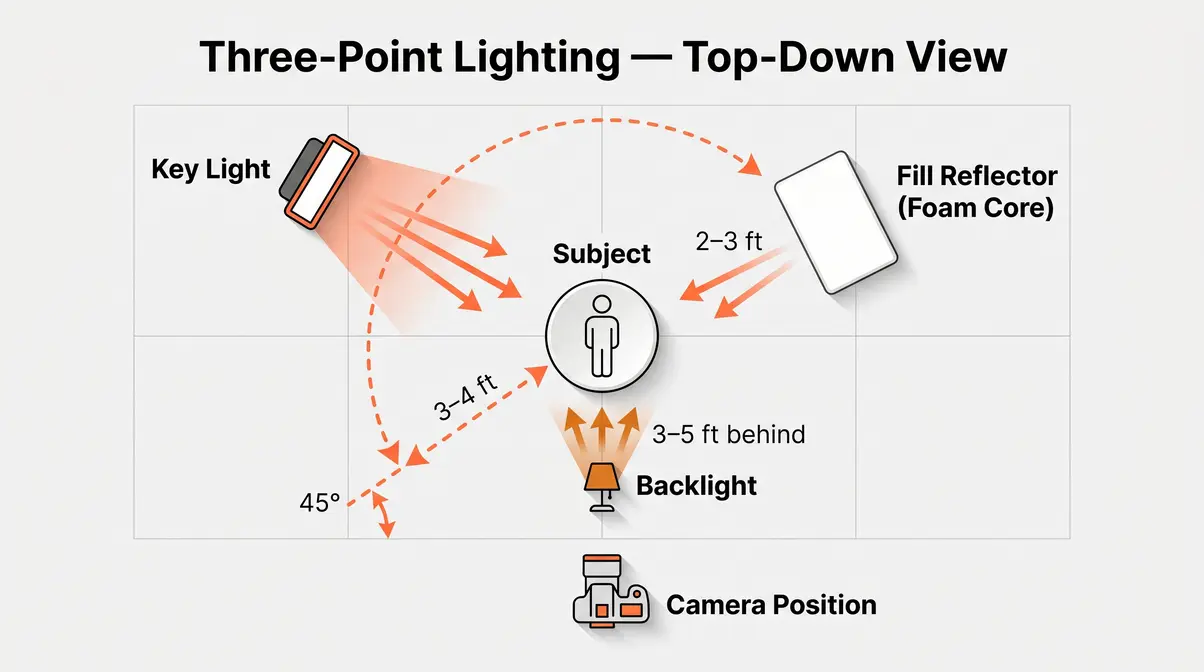 Three-point lighting setup diagram for home photography showing key fill and backlight positions