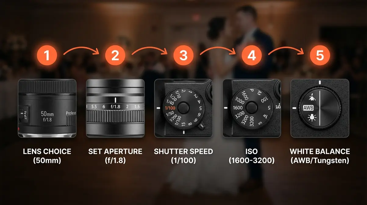 Camera settings blueprint for dark wedding reception venue showing aperture f/1.8 ISO 1600 shutter 1/100 on prime lens