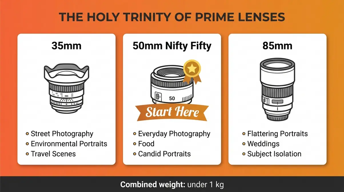 Infographic cheat sheet showing Holy Trinity prime lenses 35mm 50mm 85mm with use cases for photography beginners
