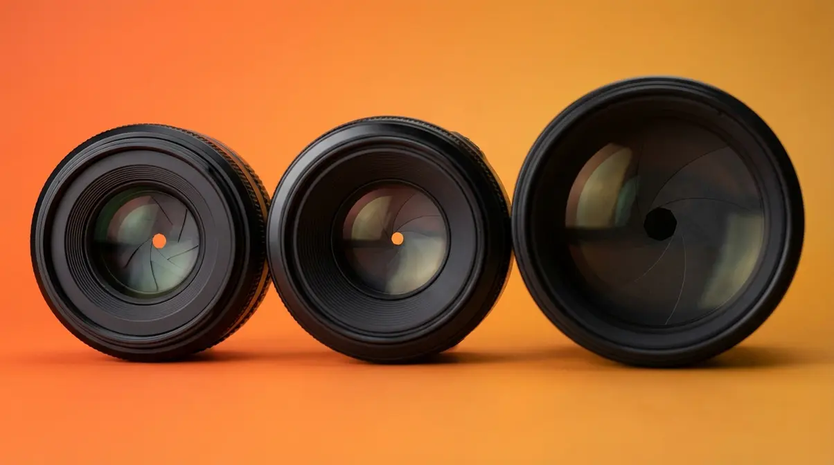 Holy Trinity of photography prime lenses 35mm 50mm and 85mm arranged together on warm gradient background