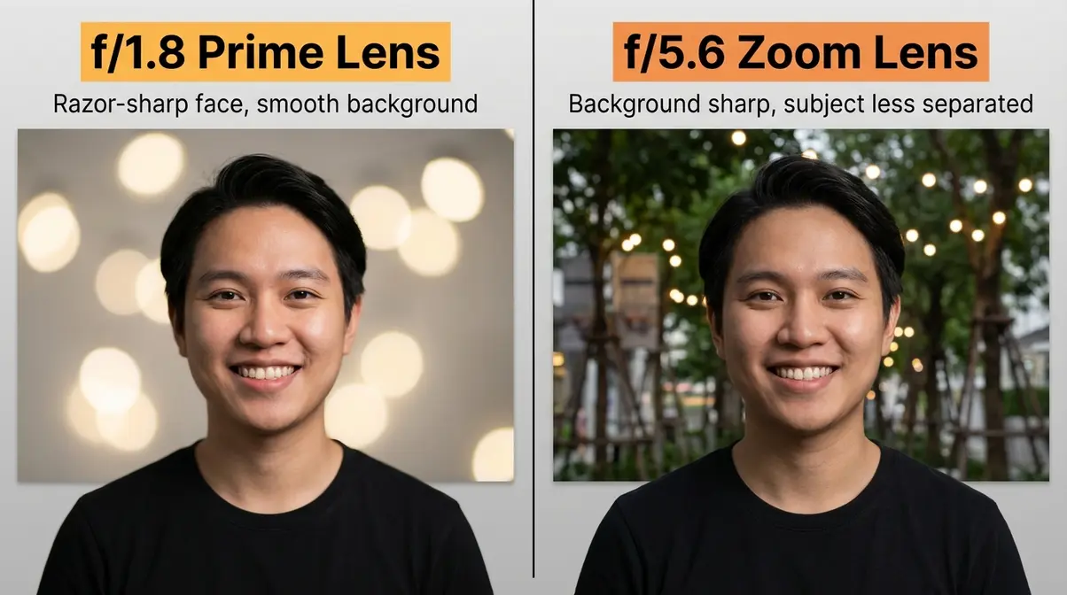 Side-by-side portrait bokeh comparison showing f/1.8 prime lens creamy blur versus f/5.6 zoom lens sharp background