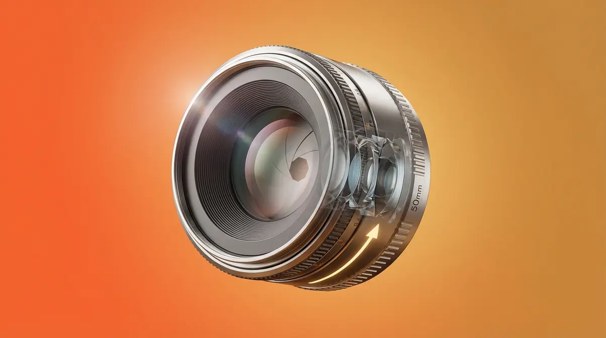 Single prime lens with fixed focal length showing open aperture blades and internal glass elements