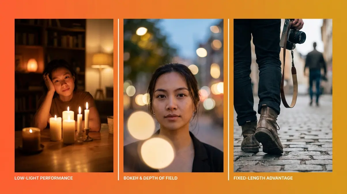 Three superpowers of photography prime lenses showing low-light performance bokeh and compositional discipline