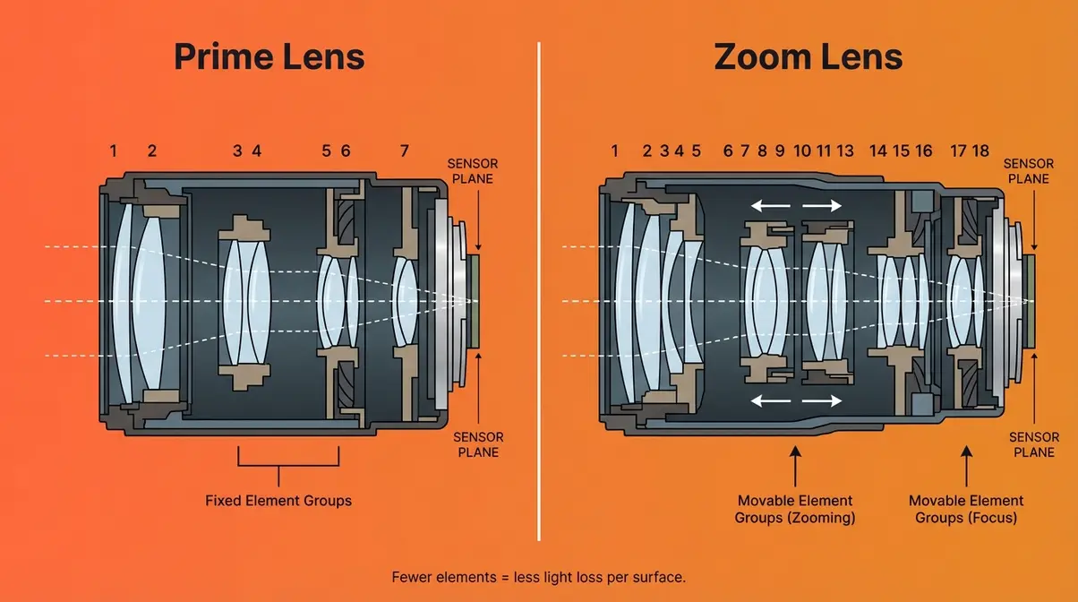 Infographic comparing prime lens six glass elements versus zoom lens twenty glass elements internal anatomy