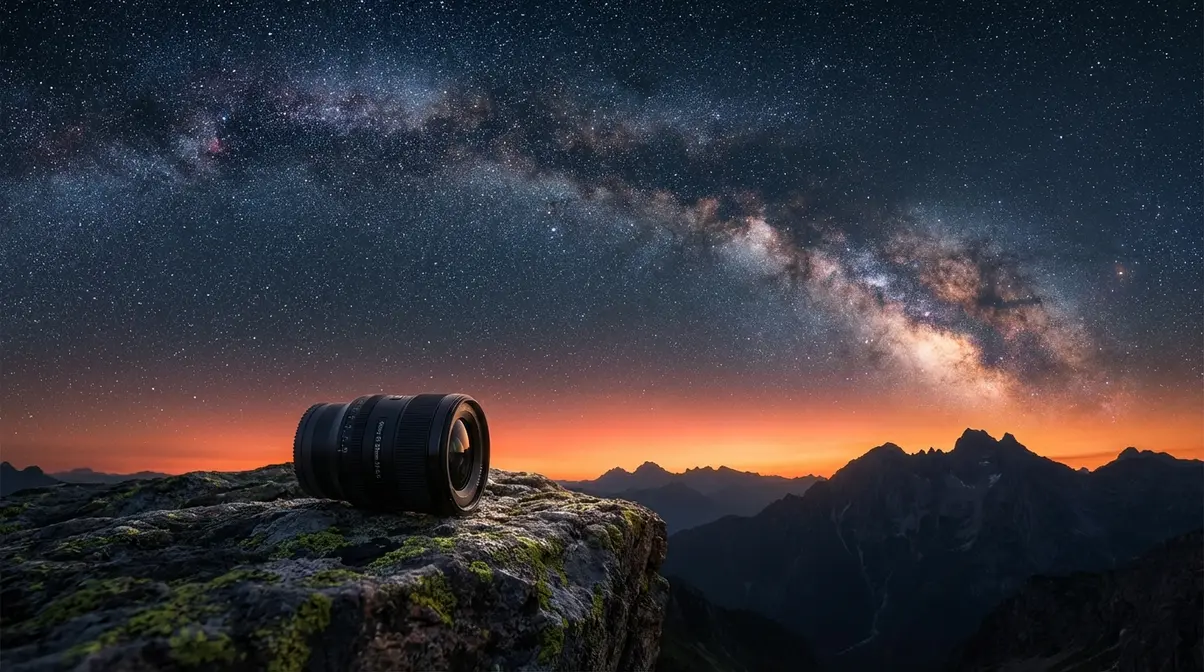 Wide prime lens capturing sharp Milky Way stars over mountain ridge during night landscape photography