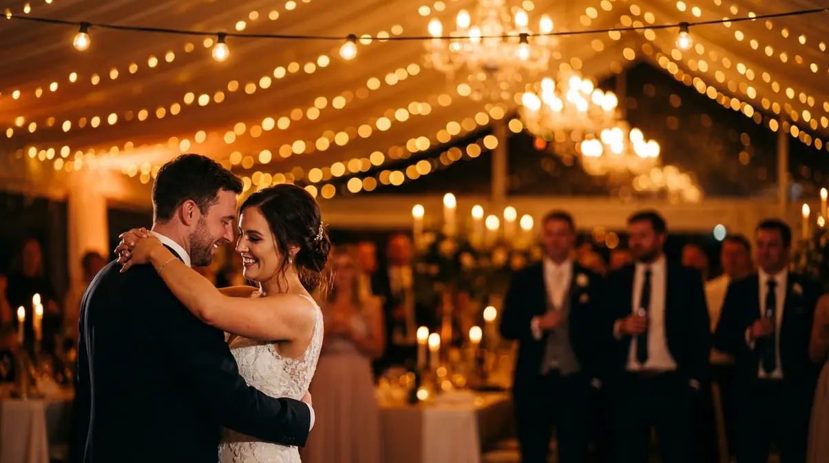 Wedding reception dance photographed with prime lens showing bokeh string lights and sharp couple in available light