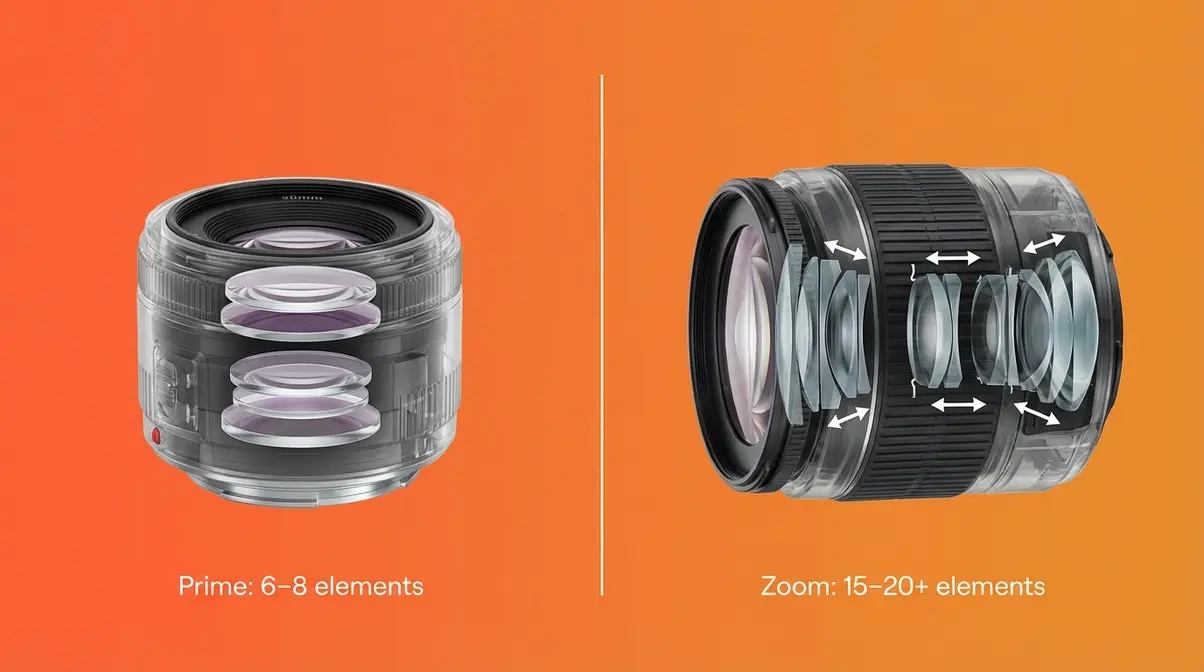 Prime lens six glass elements versus zoom lens twenty elements side-by-side optical trade-off comparison