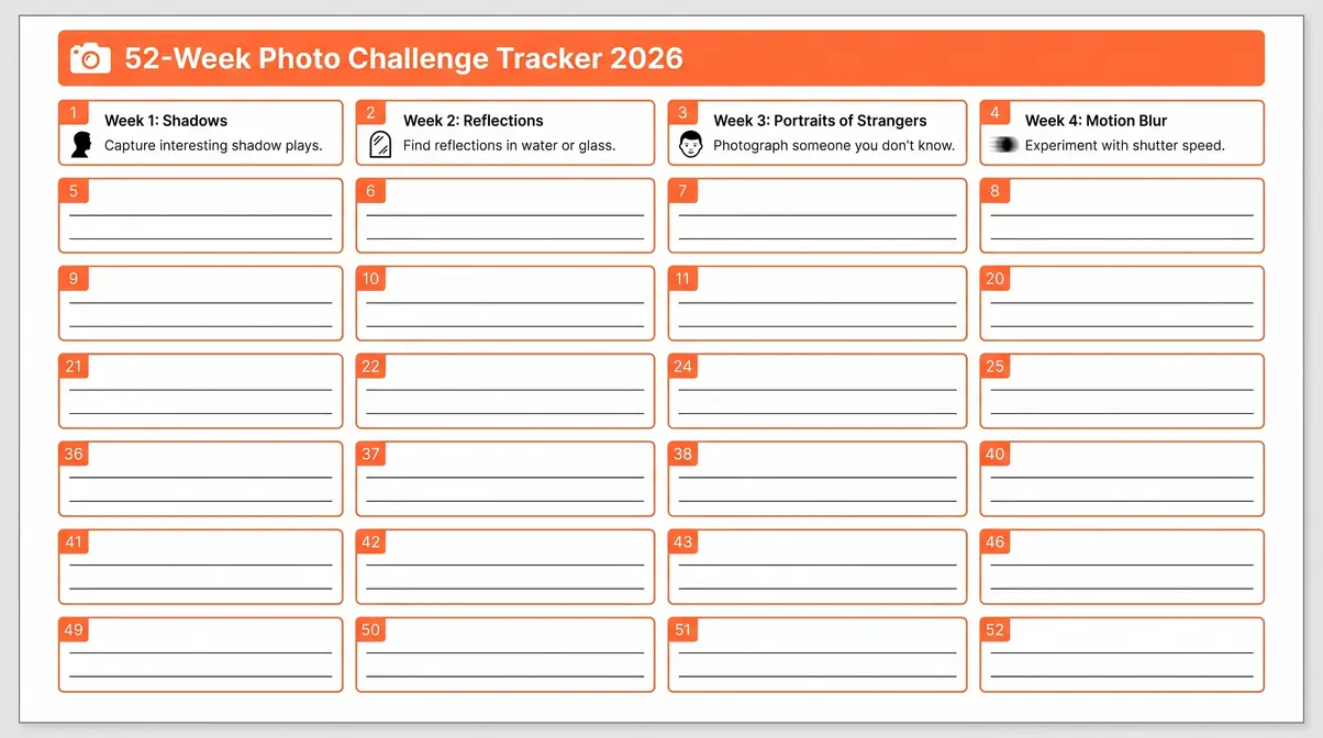 Photography resolutions 52-week challenge tracker printable with weekly theme slots and sample themes