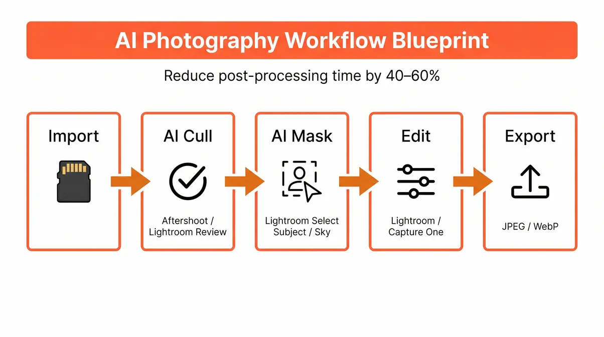 AI photography workflow diagram showing import, cull, mask, edit, and export stages with tool names